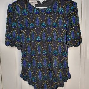 LAWRENCE KAZAR Vintage Beaded Black, Blue, Gold and Green Shirt